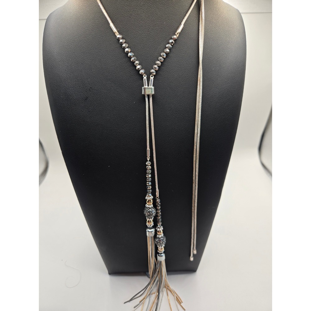 Mixed Metal Lariat Tassel Necklace Silver Gold Gunmetal Pave Bead Adjustable